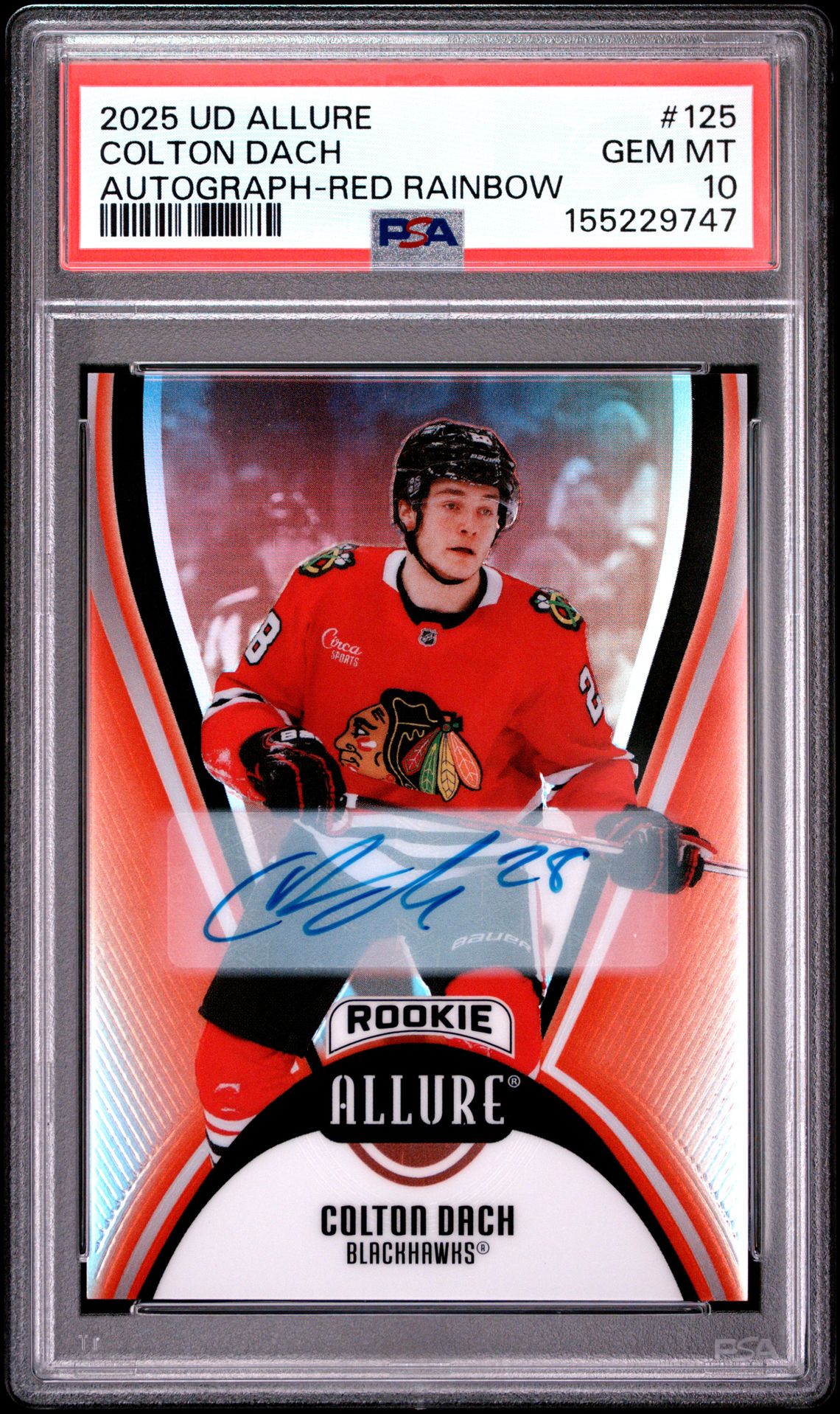 2025 Upper Deck Allure Colton Dach #125 (Autograph-Red Rainbow) Gem Mt 10 front view - PSA graded GEM MT 10
