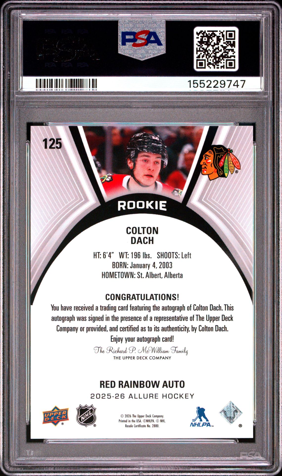 2025 Upper Deck Allure Colton Dach #125 (Autograph-Red Rainbow) Gem Mt 10 back view - PSA certificate #155229747