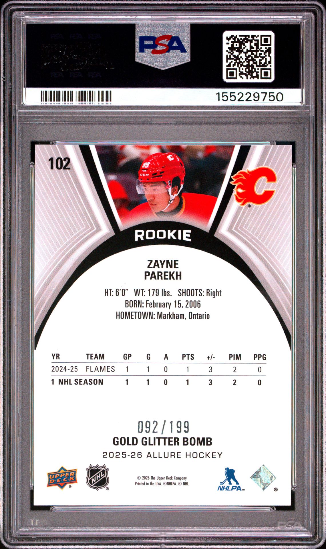 2025 Upper Deck Allure Zayne Parekh #102 (Gold Glitter Bomb) Mint 9 back