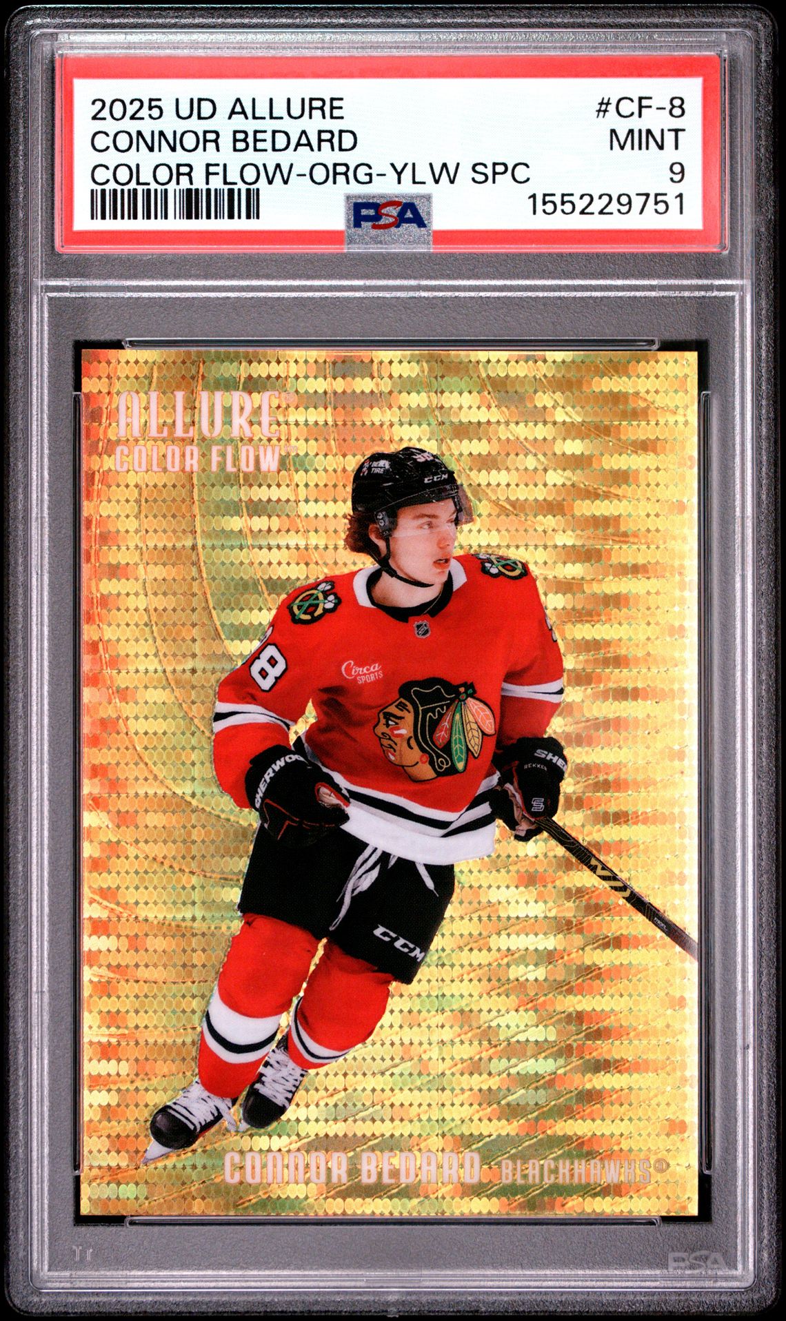 2025 Upper Deck Allure Color Flow Connor Bedard #Cf-8 (Color Flow-Org-Ylw Spct) Mint 9 front