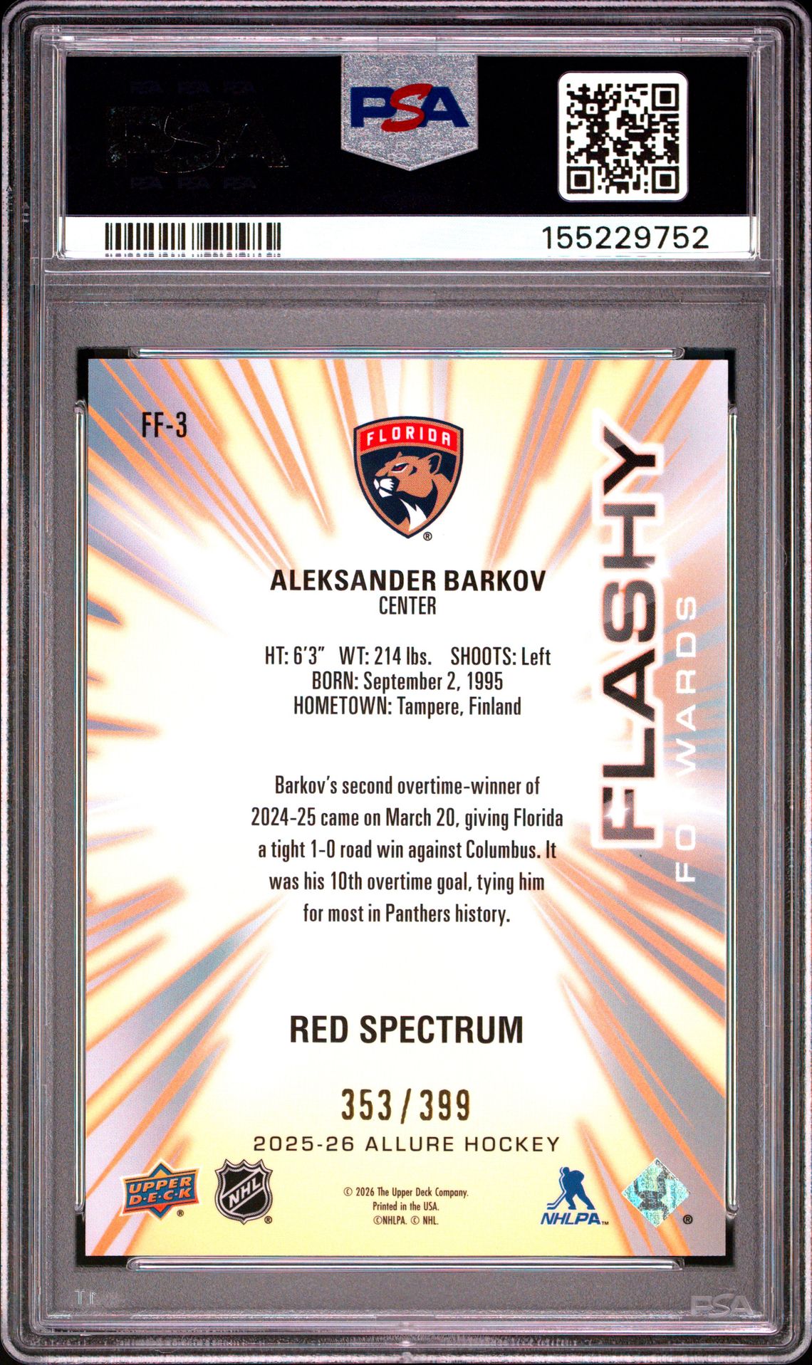 2025 Upper Deck Allure Flashy Forwards Aleksander Barkov #Ff-3 (Flashy Forwards-Spectrum) Gem Mt 10 back view - PSA certificate #155229752