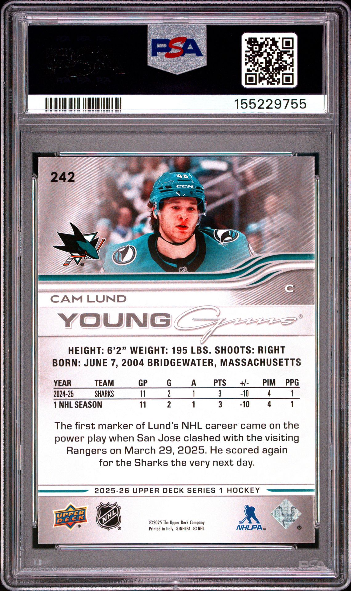 2025 Upper Deck Cam Lund #242 Gem Mt 10 back view - PSA certificate #155229755