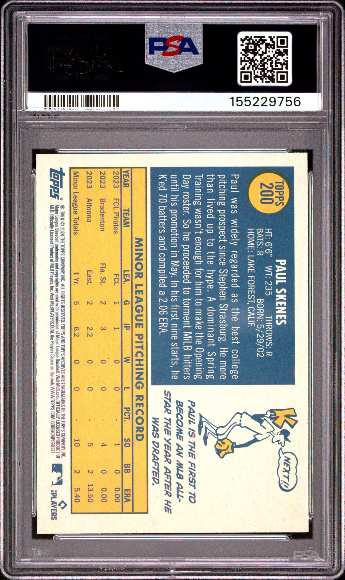 2024 TOPPS ARCHIVES PAUL SKENES  200 GEM MT 10 back