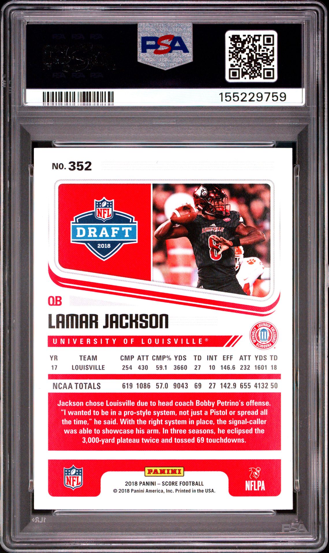 2018 Panini Score Lamar Jackson #352 Gem Mt 10 back view - PSA certificate #155229759