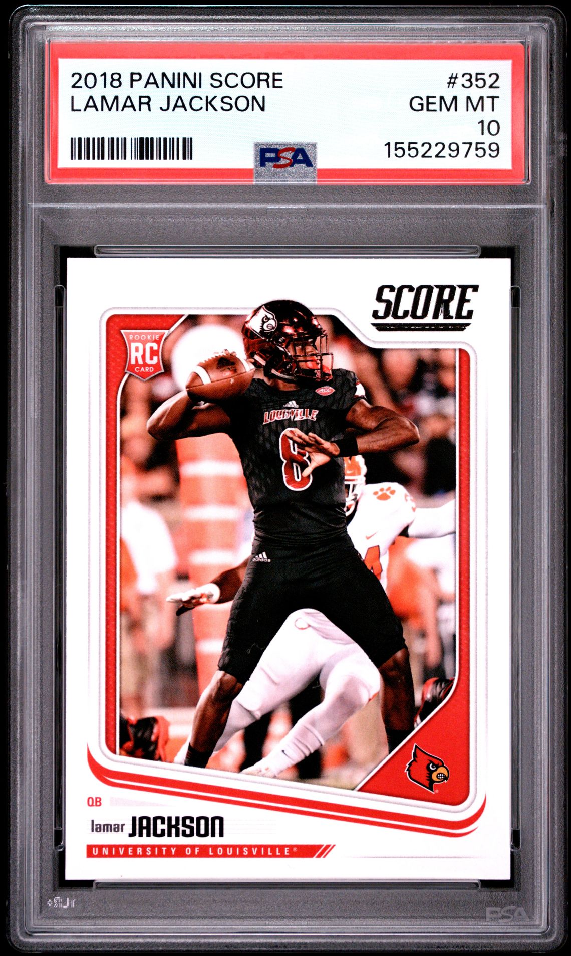 2018 Panini Score Lamar Jackson #352 Gem Mt 10 front view - PSA graded GEM MT 10