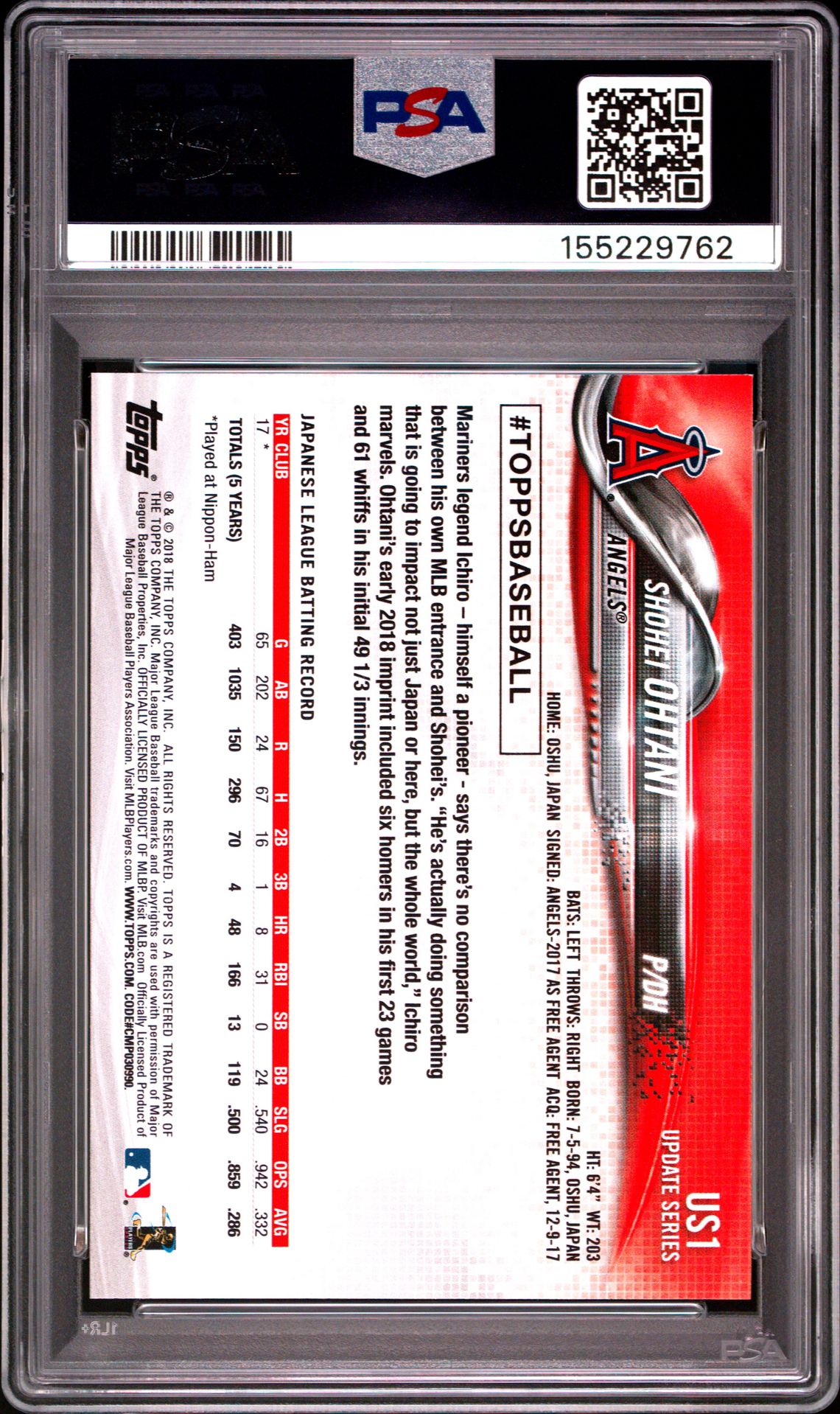 2018 Topps Update Shohei Ohtani #Us1 Mint 9 back