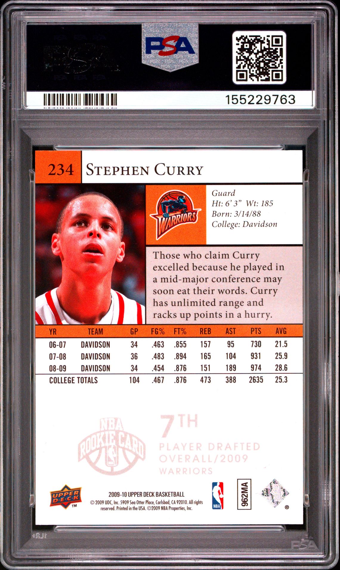 2009 Upper Deck Stephen Curry #234 Nm-Mt 8 back