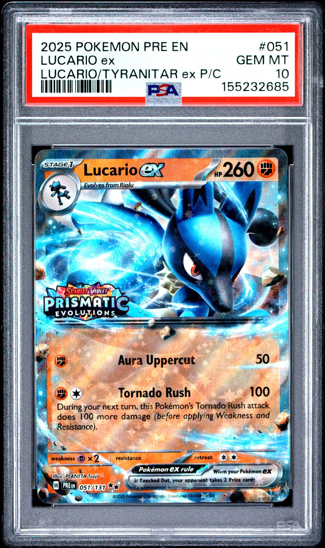2025 Pokemon Pre En-Prismatic Evolutions Lucario Ex #051 (Lucario/Tyranitar Ex P/C) Gem Mt 10 front view - PSA graded GEM MT 10