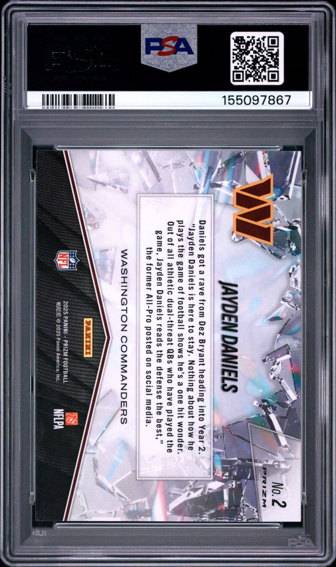 2025 Panini Prizm Prizm Break Jayden Daniels #2 (Prizm Break-Silver Prizm) Gem Mt 10 back view - PSA certificate #155097867