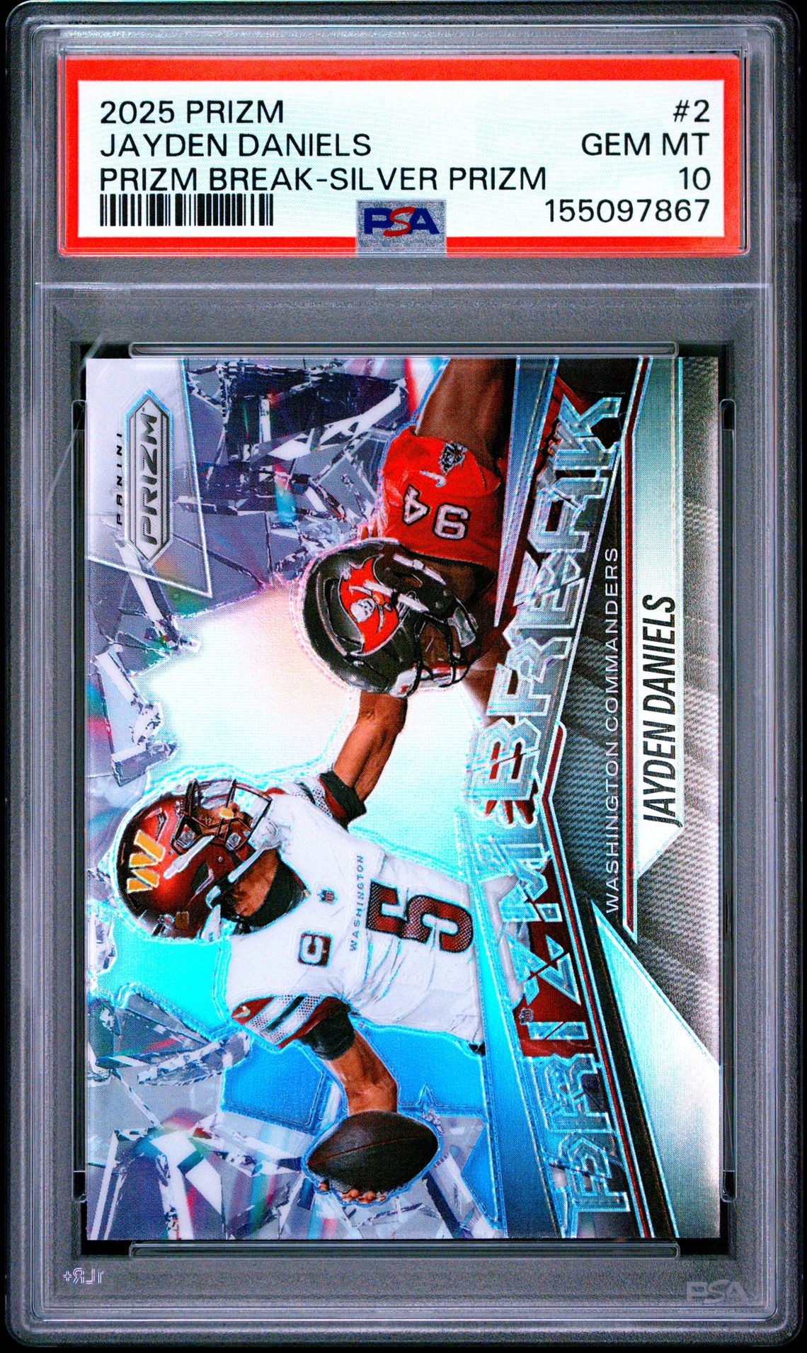 2025 Panini Prizm Prizm Break Jayden Daniels #2 (Prizm Break-Silver Prizm) Gem Mt 10 front view - PSA graded GEM MT 10