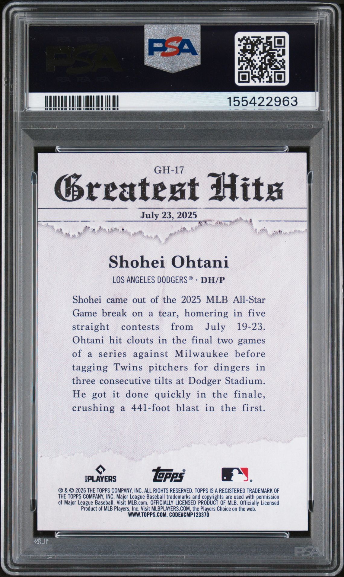 2026 Topps 2025 Greatest Hits Shohei Ohtani #17 ('25 Greatest Hits-Red Foil) Mint 9 back