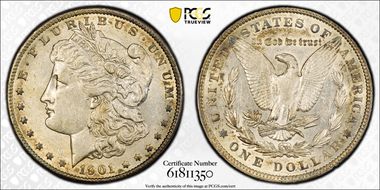1901 $1 Doubled Die Reverse AU53