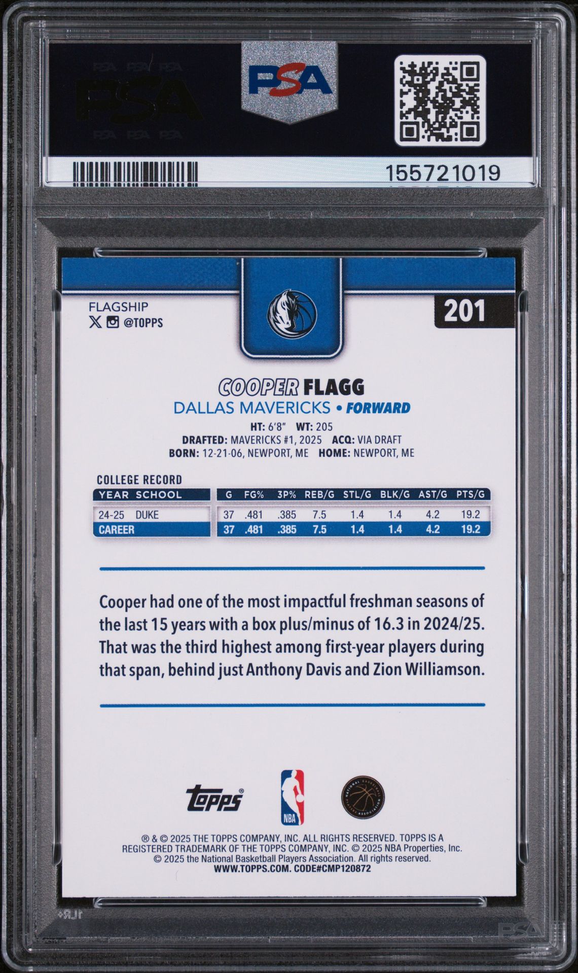 2025 Topps Cooper Flagg #201 Gem Mt 10 back
