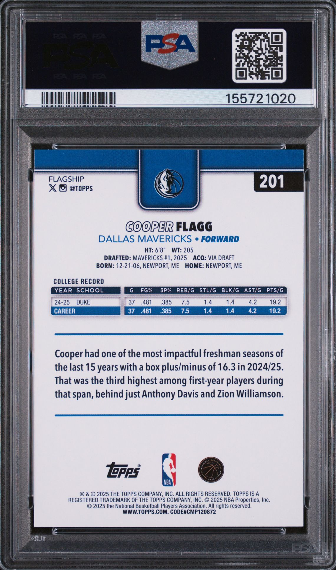 2025 Topps Cooper Flagg #201 Gem Mt 10 back