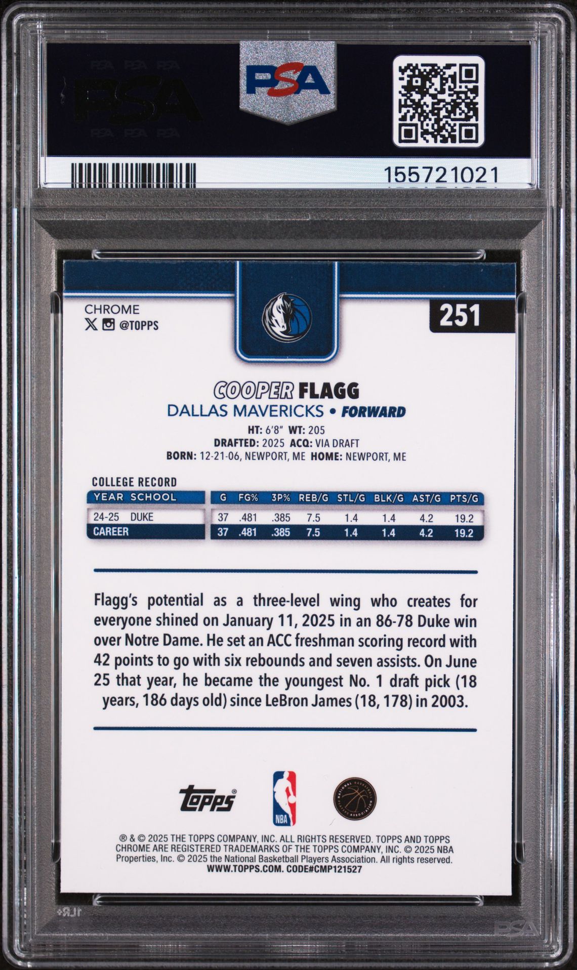 2025 Topps Chrome Cooper Flagg #251 Mint 9 back
