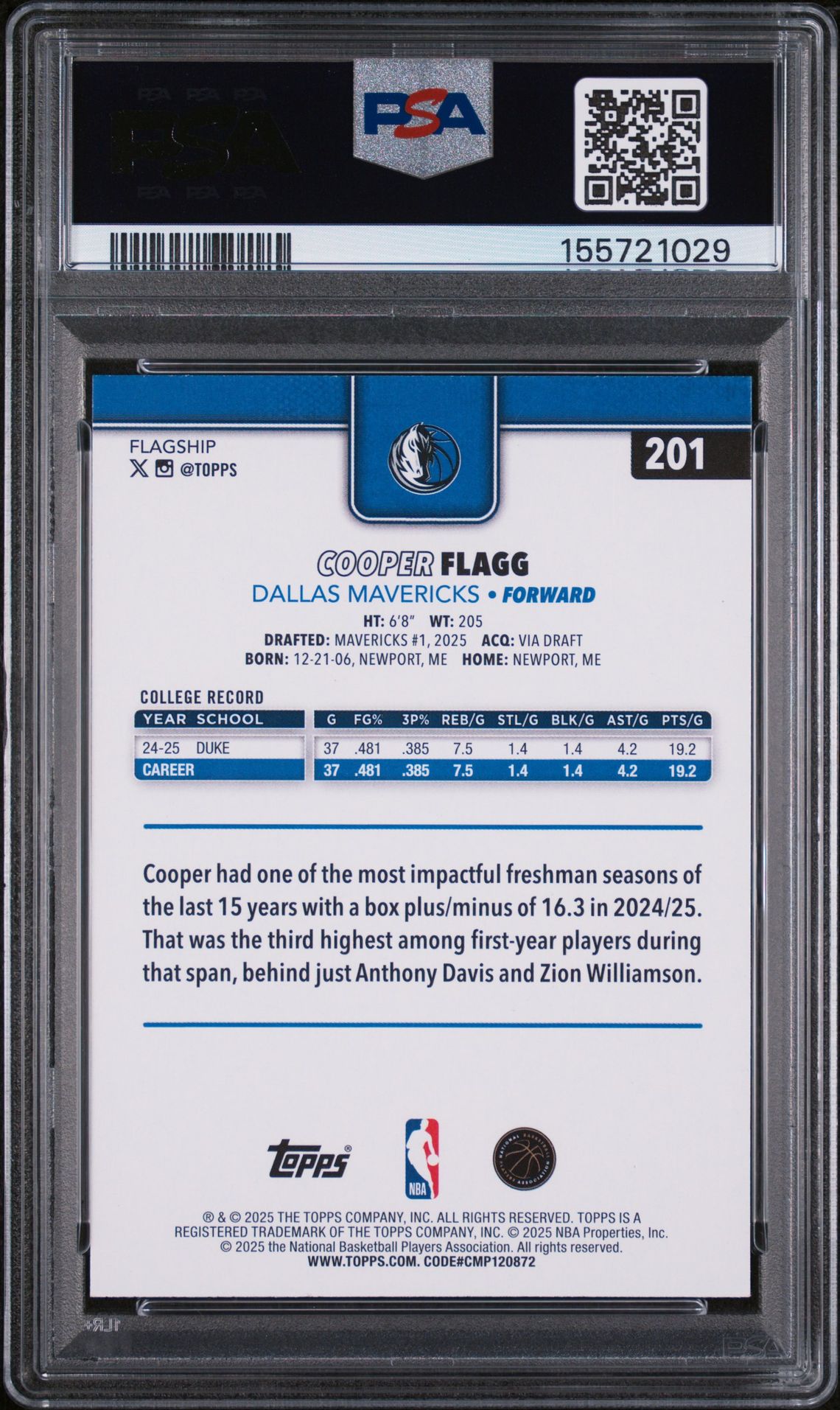 2025 Topps Cooper Flagg #201 Ex-Mt 6 back