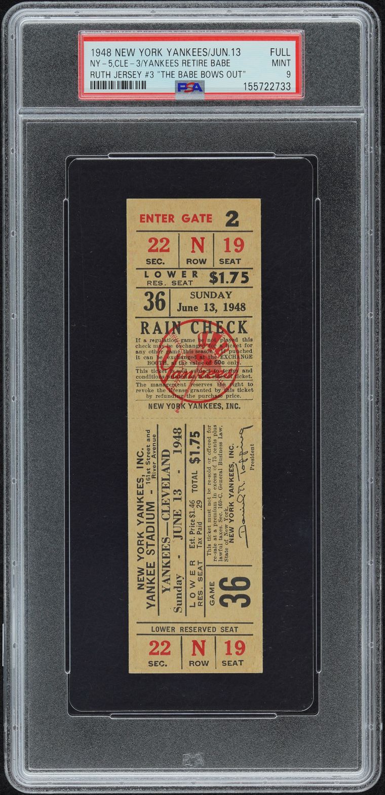 1948 The Babe Bows Out full ticket, Babe Ruth's final Yankee Stadium appearance, graded PSA 9