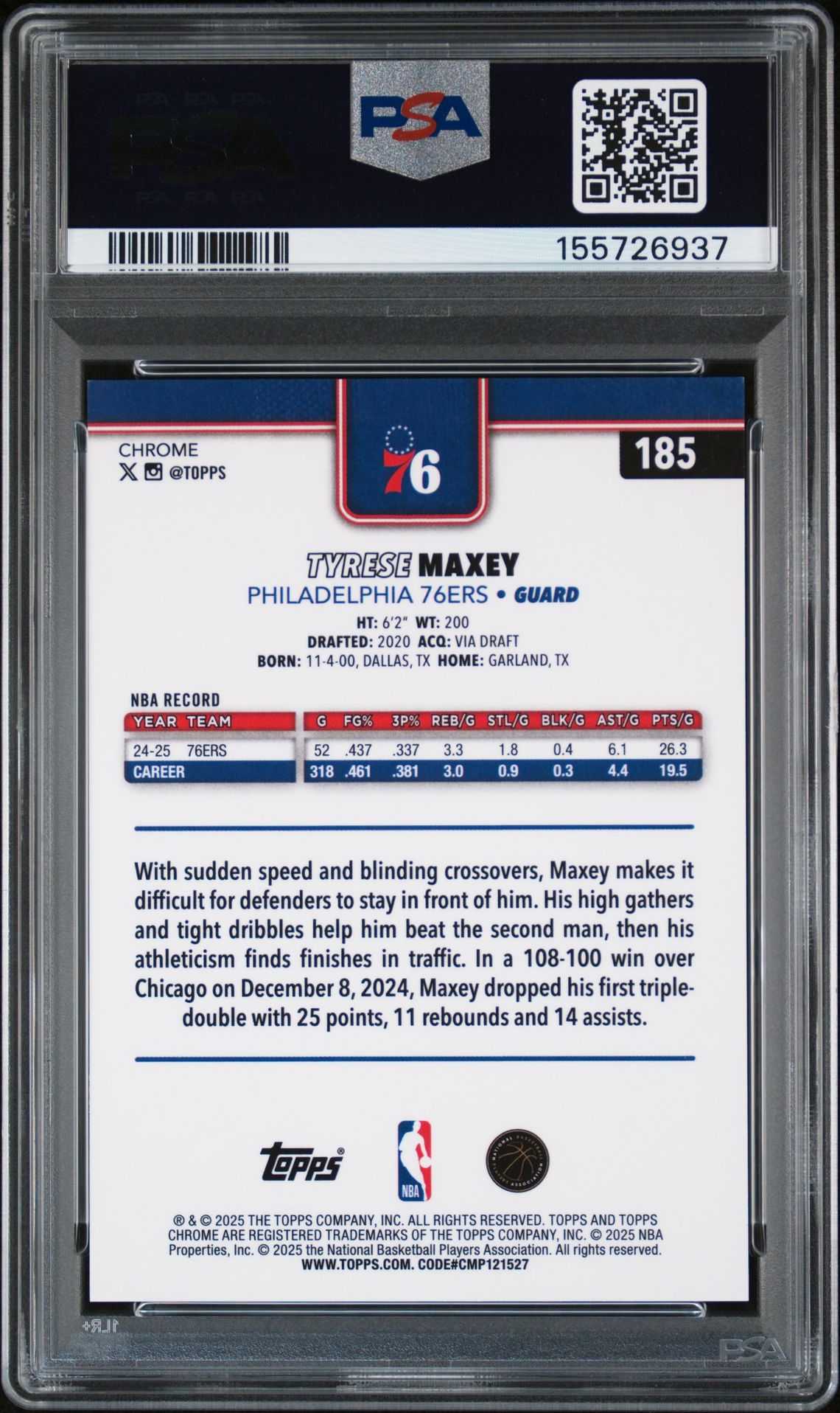 2025 Topps Chrome Tyrese Maxey #185 (Gold Refractor) Nm-Mt 8 back