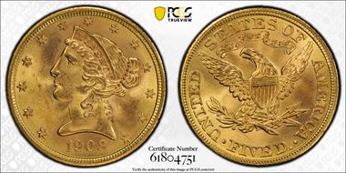 1908 $5 Liberty MS66