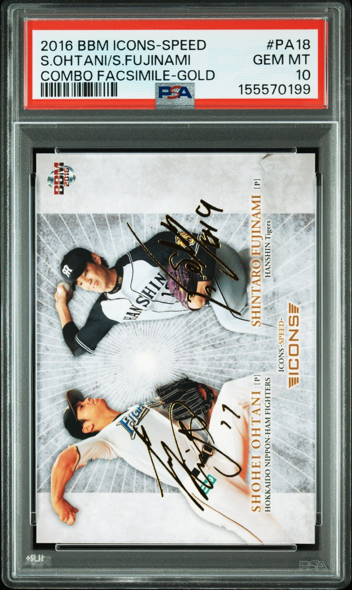2016 BBM BBM ICONS-SPEED COMBO FACSIMILE GOLD #PA18 S.Ohtani/S.Fujinami front