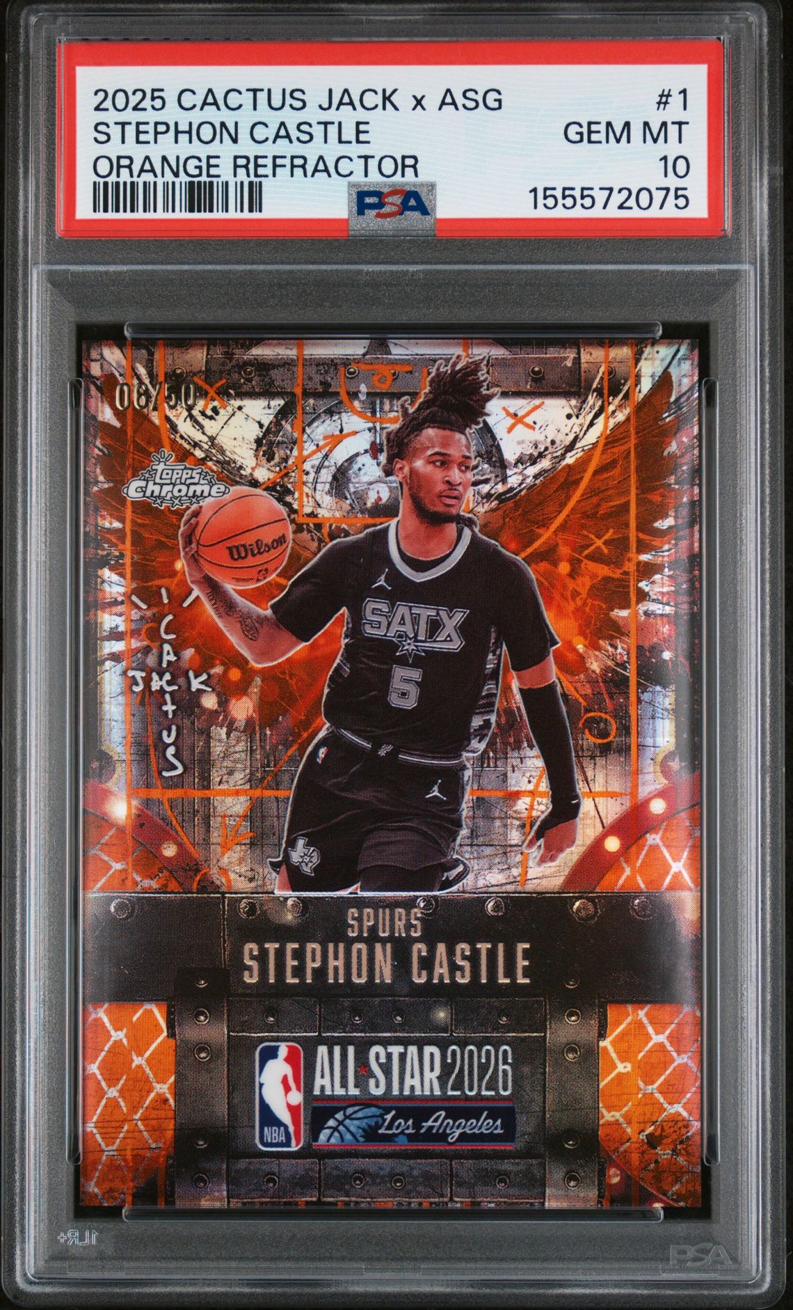 2025 Topps Chrome TOPPS CHROME CACTUS JACK X NBA ALL-STAR GAME ORANGE REFRACTOR #1 Stephon Castle front