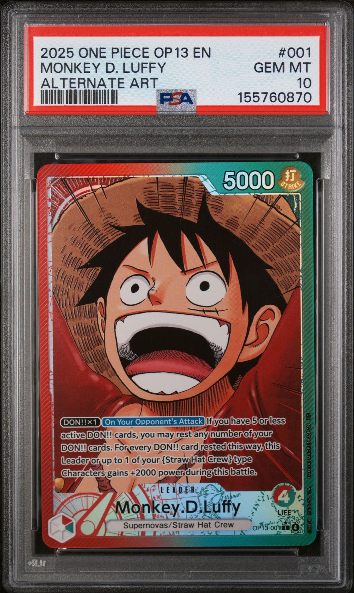 2025 One Piece ONE PIECE OP13-CARRYING ON HIS WILL ALTERNATE ART #001 Monkey D. Luffy front