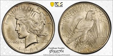 1921 $1 High Relief, Peace MS64