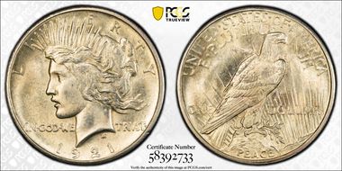 1921 $1 High Relief, Peace MS64