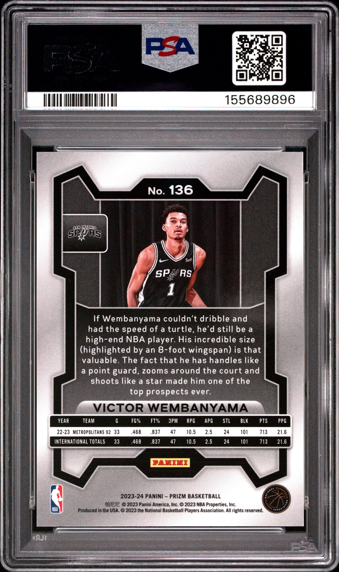 2023 Panini Prizm Victor Wembanyama #136 Gem Mt 10 back view - PSA certificate #155689896