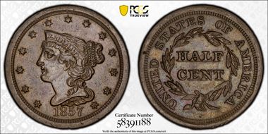 1857 1/2C AU58BN