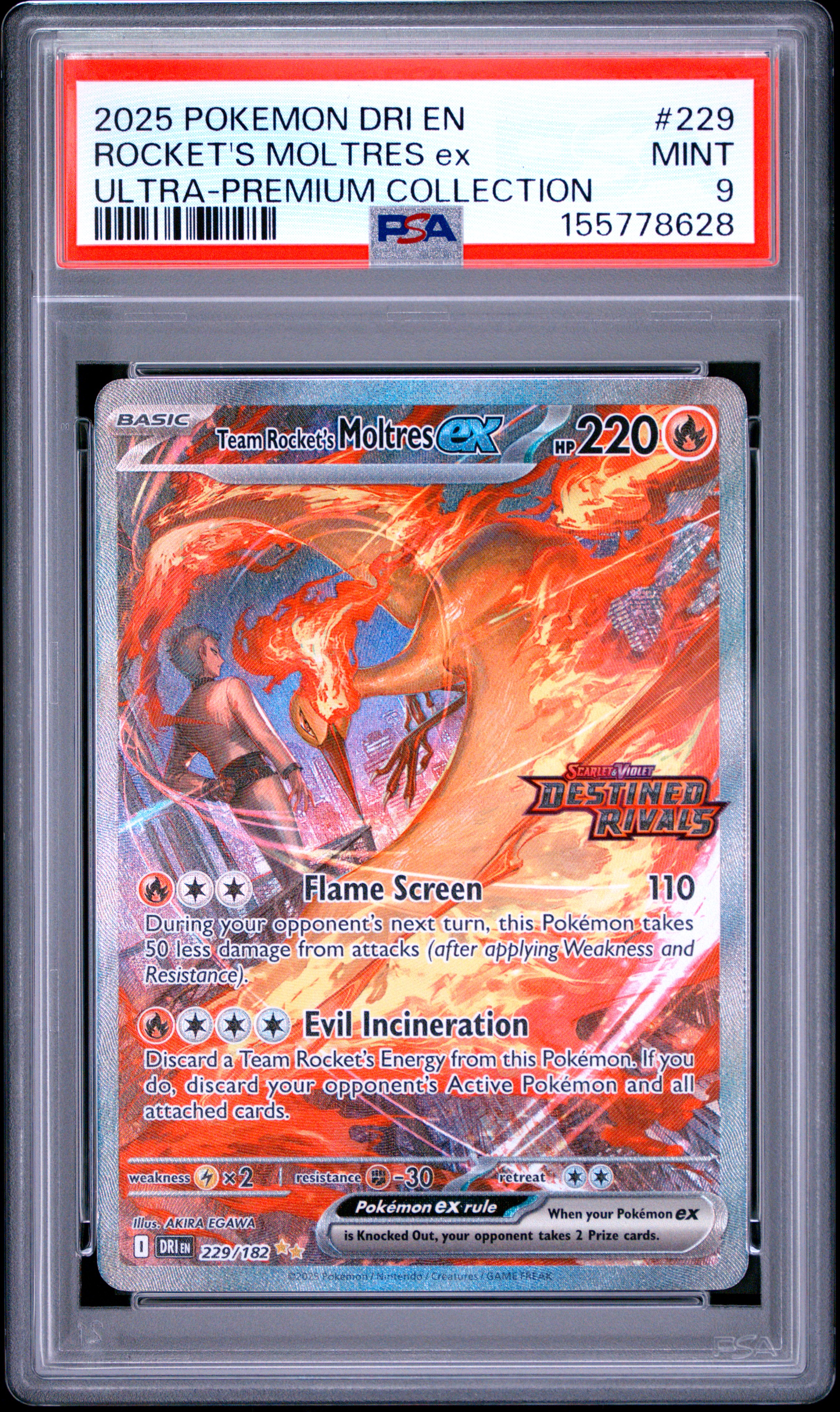 2025 #229 Team Rocket's Moltres EX PSA 9 Dri EN-Destined Rivals