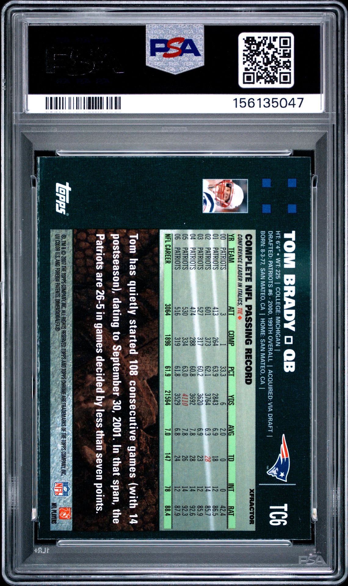 2007 Topps Chrome Tom Brady #Tc6 (Xfractor) Mint 9 back