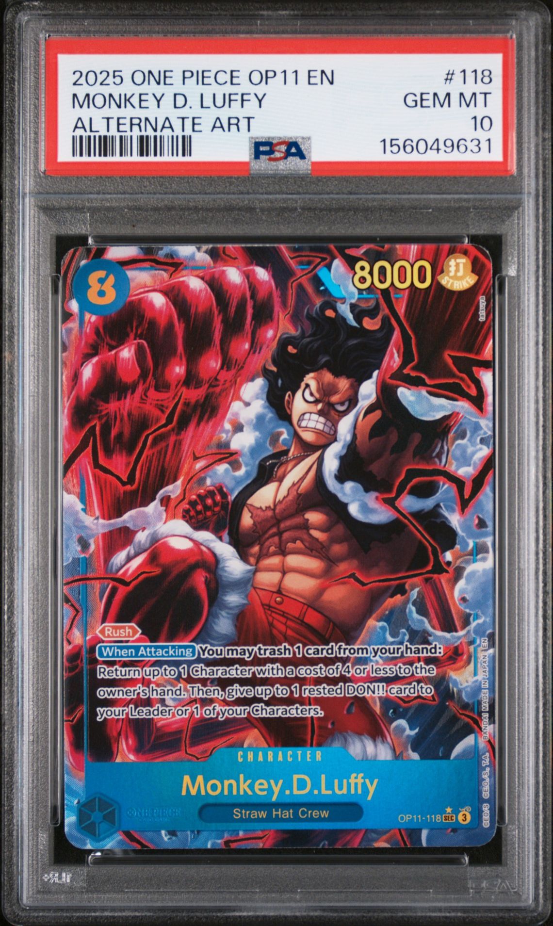 2025 One Piece Op11-A Fist Of Divine Speed Monkey D. Luffy #118 (Alternate Art) Gem Mt 10 front view - PSA graded GEM MT 10