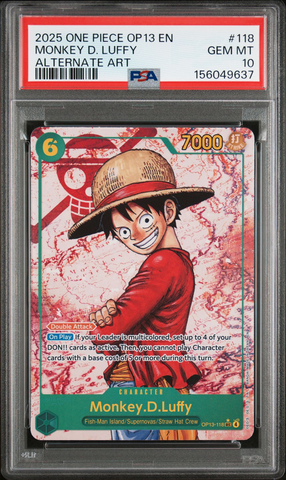 2025 One Piece Op13-Carrying On His Will Monkey D. Luffy #118 (Alternate Art) Gem Mt 10 front view - PSA graded GEM MT 10