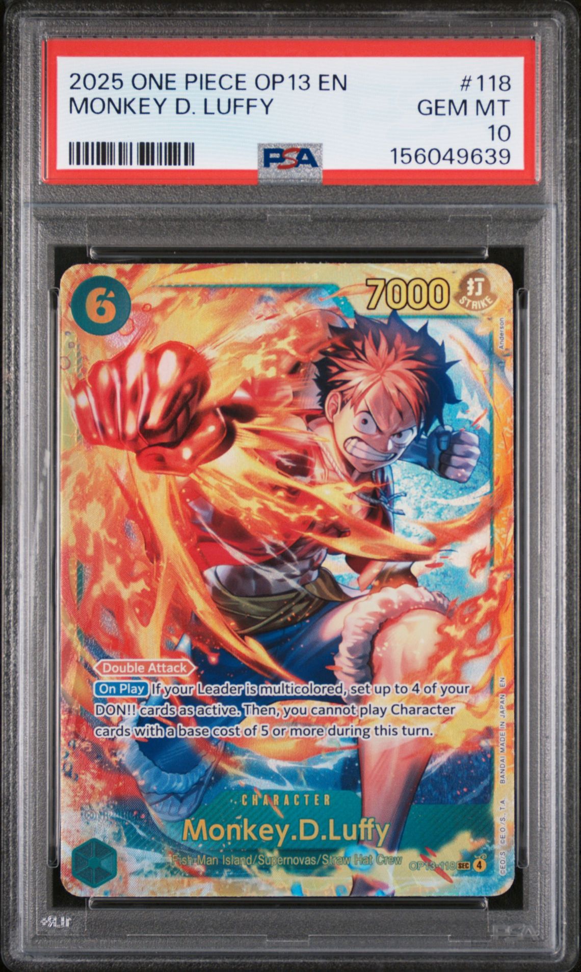 2025 One Piece Op13-Carrying On His Will Monkey D. Luffy #118 Gem Mt 10 front