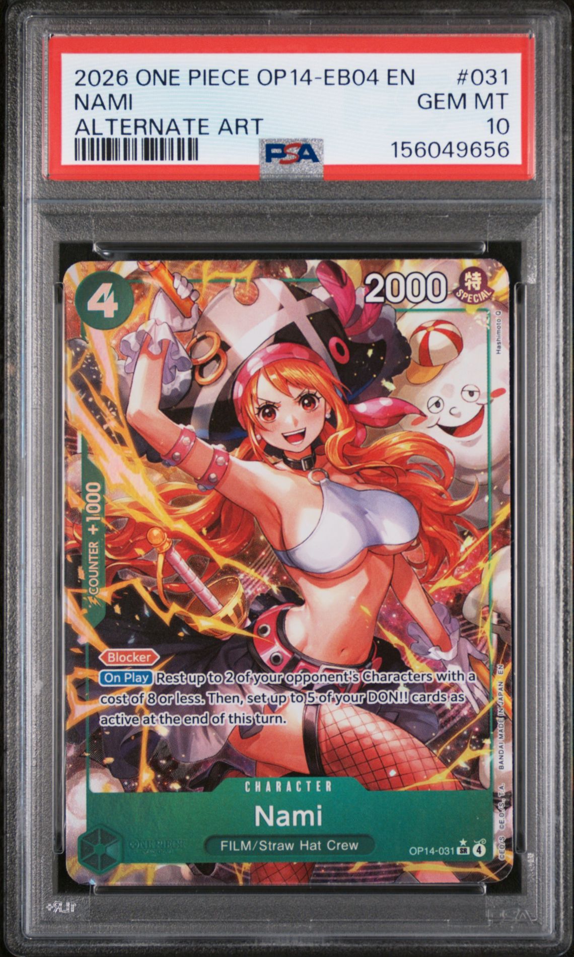2026 One Piece Op14-Eb04-The Azure Sea's Seven Nami #031 (Alternate Art) Gem Mt 10 front view - PSA graded GEM MT 10