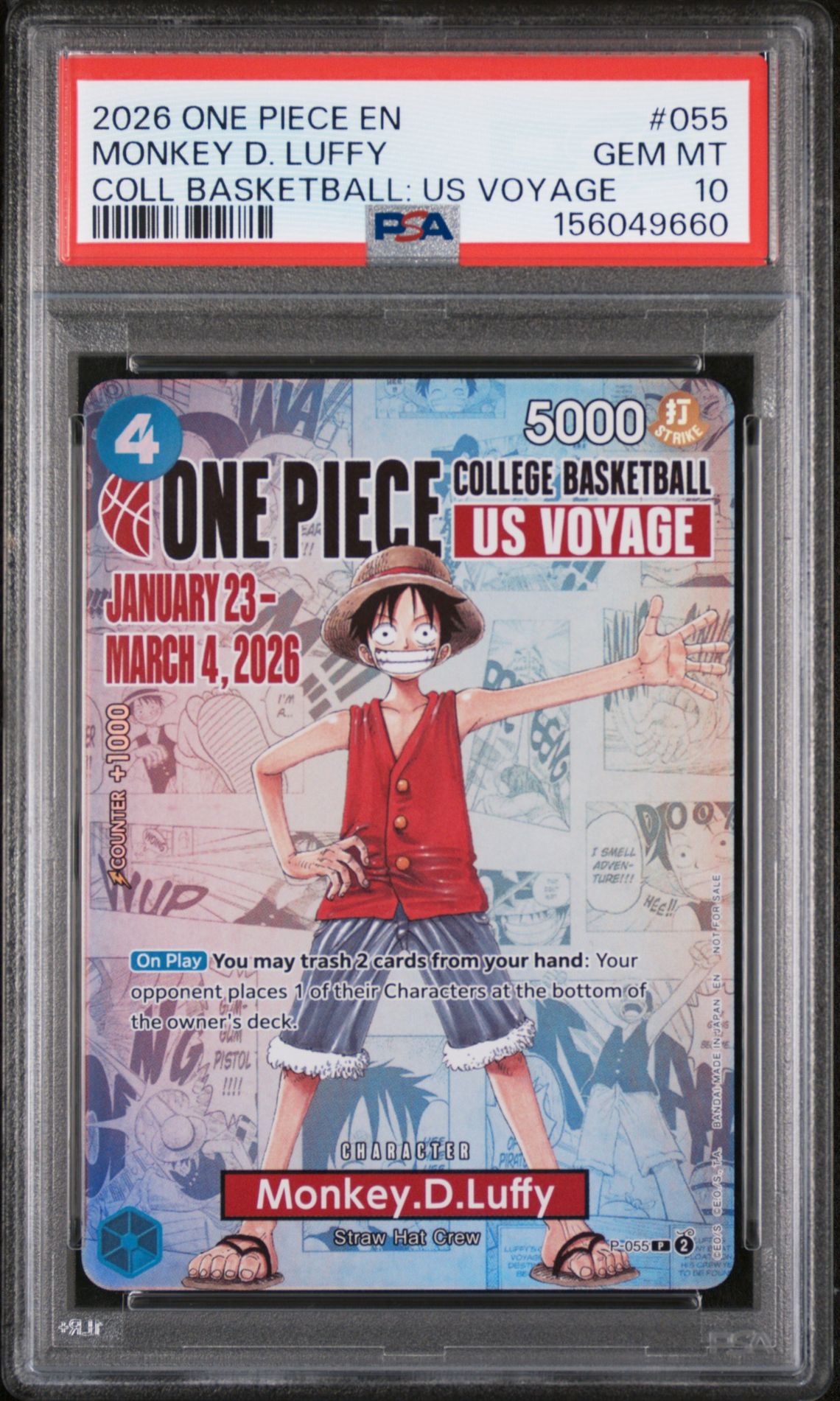 2026 One Piece Promos Monkey D. Luffy #055 (Coll Basketball: Us Voyage) Gem Mt 10 front view - PSA graded GEM MT 10