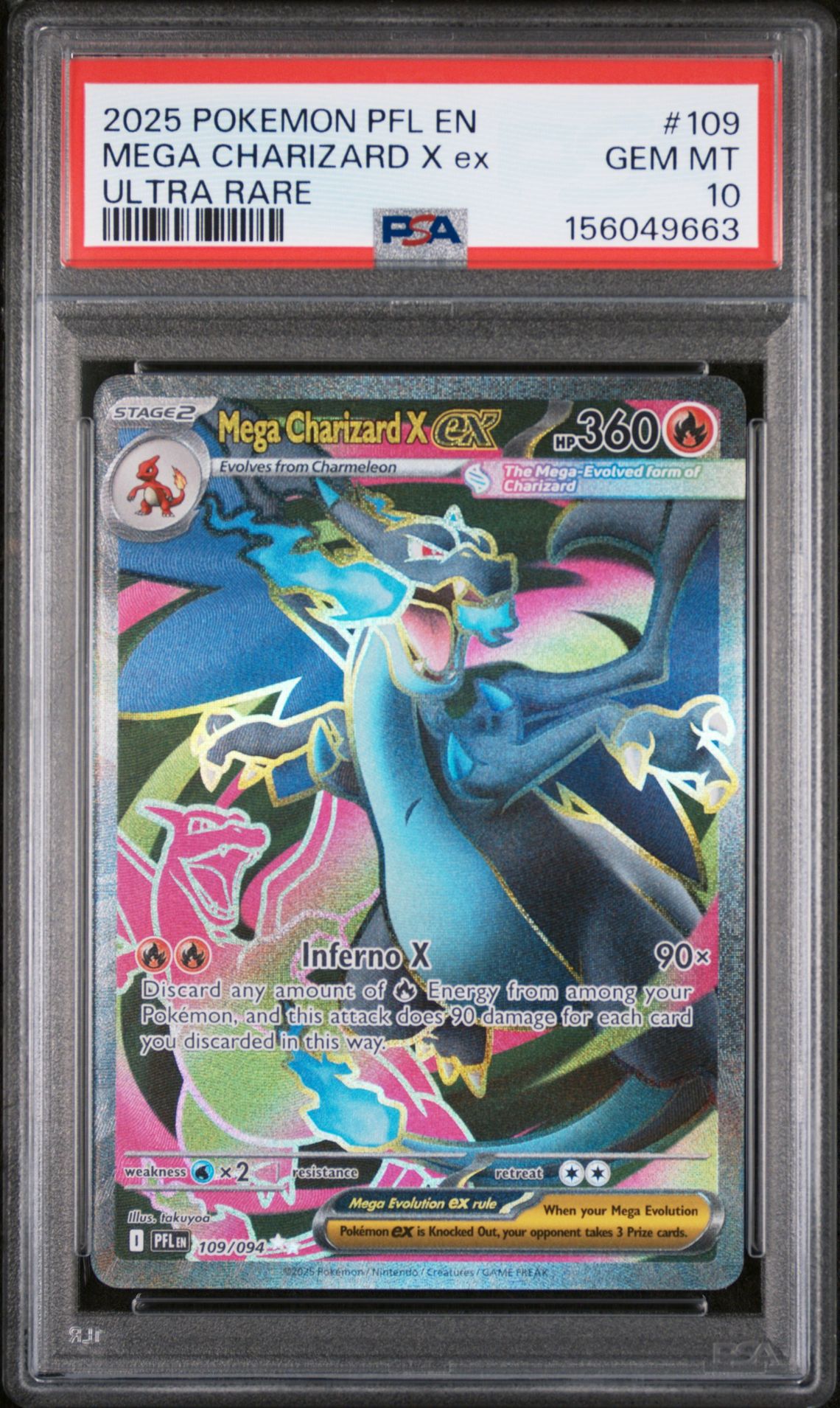 2025 Pokemon Pfl En-Phantasmal Flames Mega Charizard X Ex #109 (Ultra Rare) Gem Mt 10 front view - PSA graded GEM MT 10