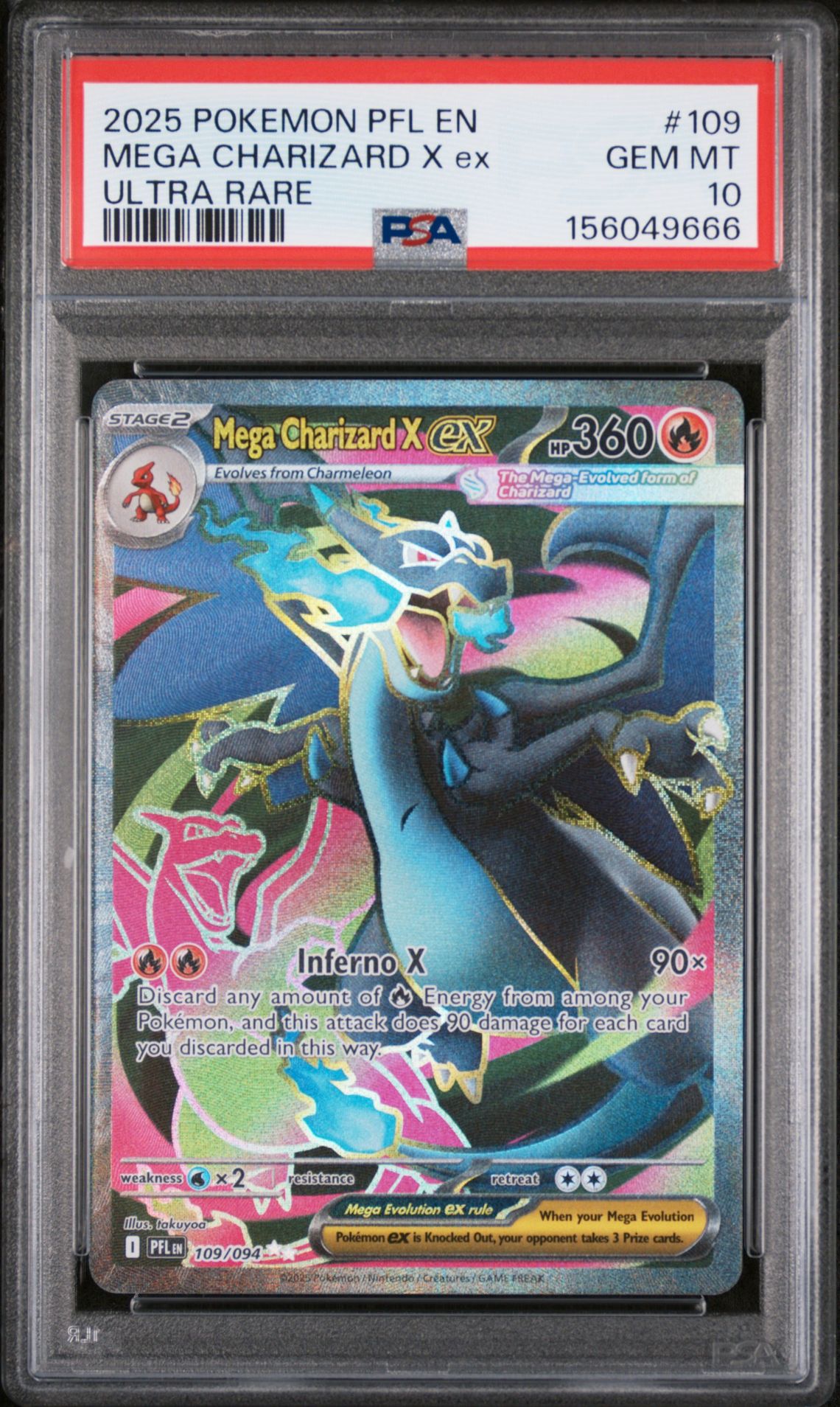 2025 Pokemon Pfl En-Phantasmal Flames Mega Charizard X Ex #109 (Ultra Rare) Gem Mt 10 front view - PSA graded GEM MT 10