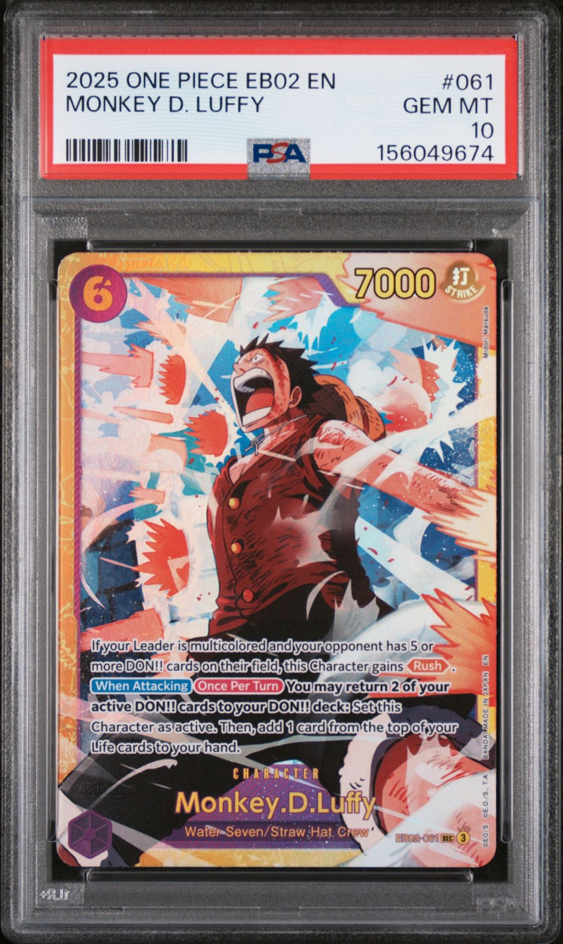 2025 One Piece Eb02-Extra Booster -Anime 25Th Collection- Monkey D. Luffy #061 Gem Mt 10 front view - PSA graded GEM MT 10