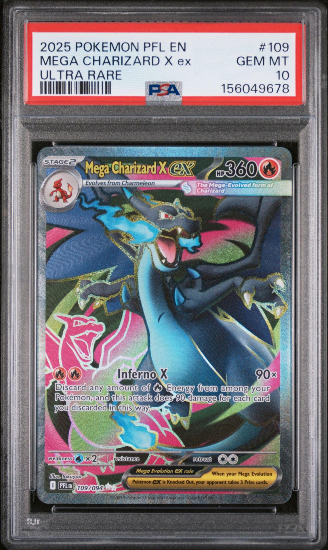 2025 Pokemon Pfl En-Phantasmal Flames Mega Charizard X Ex #109 (Ultra Rare) Gem Mt 10 front view - PSA graded GEM MT 10