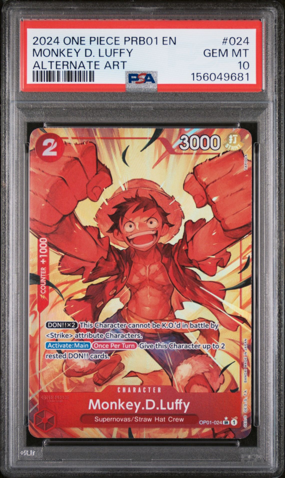 2024 One Piece Prb01-Premium Booster -One Piece Card The Best- Monkey D. Luffy #024 (Alternate Art) Gem Mt 10 front view - PSA graded GEM MT 10