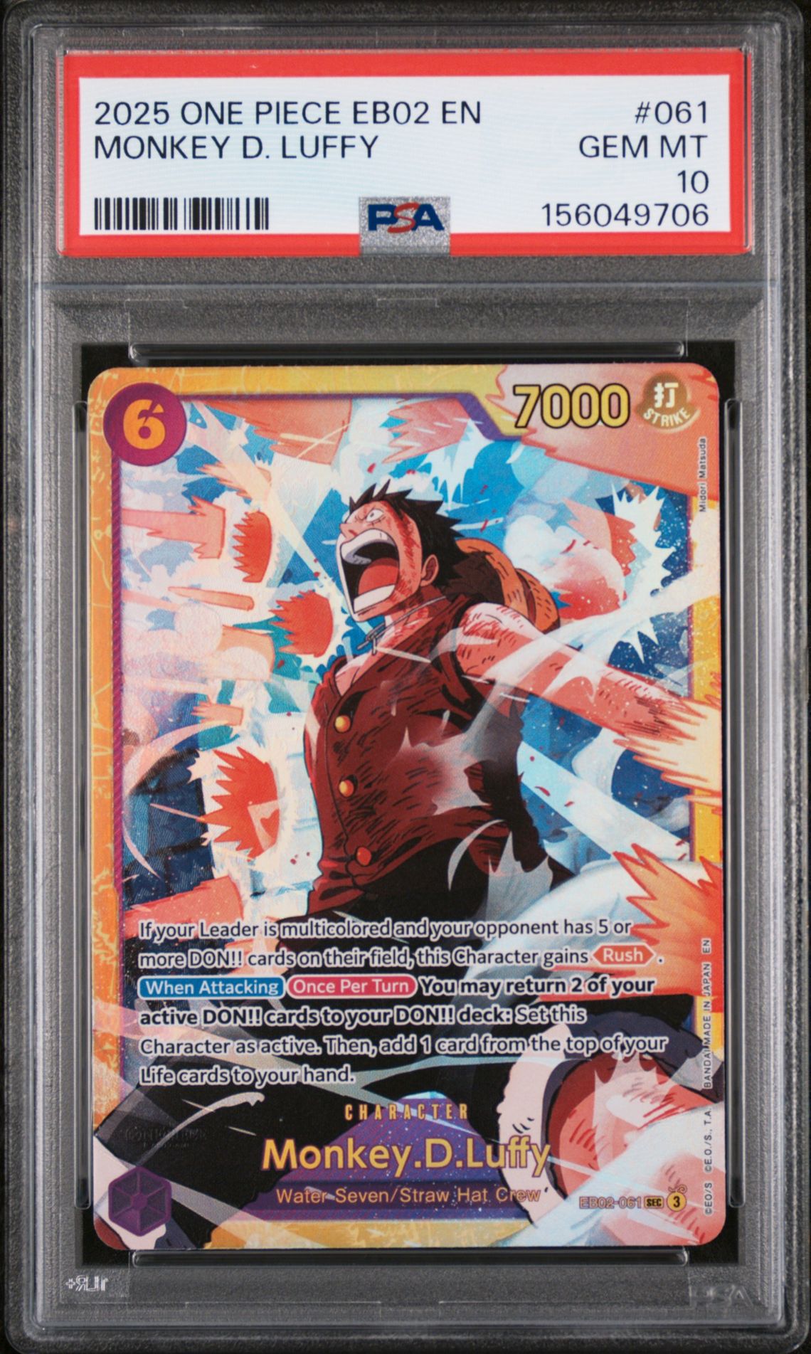2025 One Piece Eb02-Extra Booster -Anime 25Th Collection- Monkey D. Luffy #061 Gem Mt 10 front view - PSA graded GEM MT 10