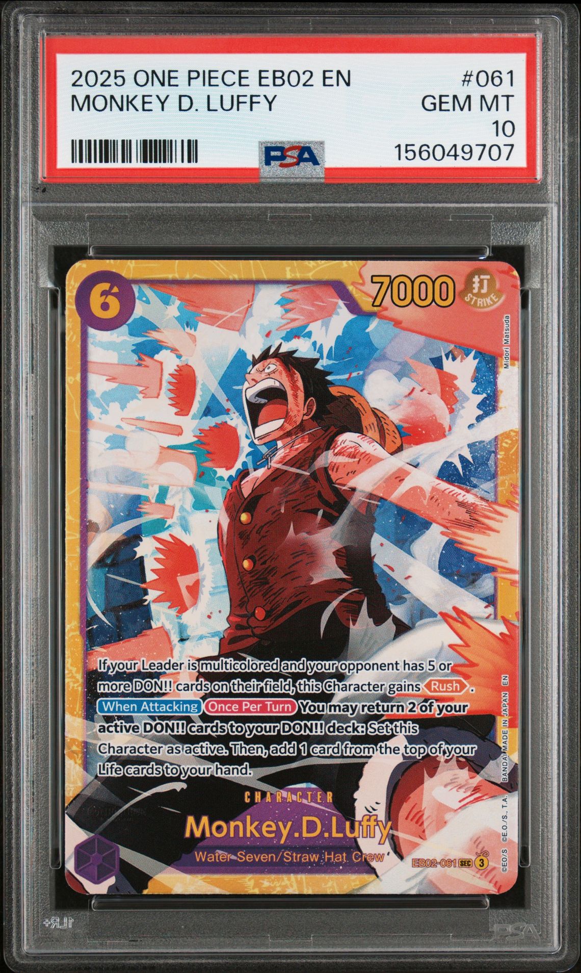 2025 One Piece Eb02-Extra Booster -Anime 25Th Collection- Monkey D. Luffy #061 Gem Mt 10 front view - PSA graded GEM MT 10