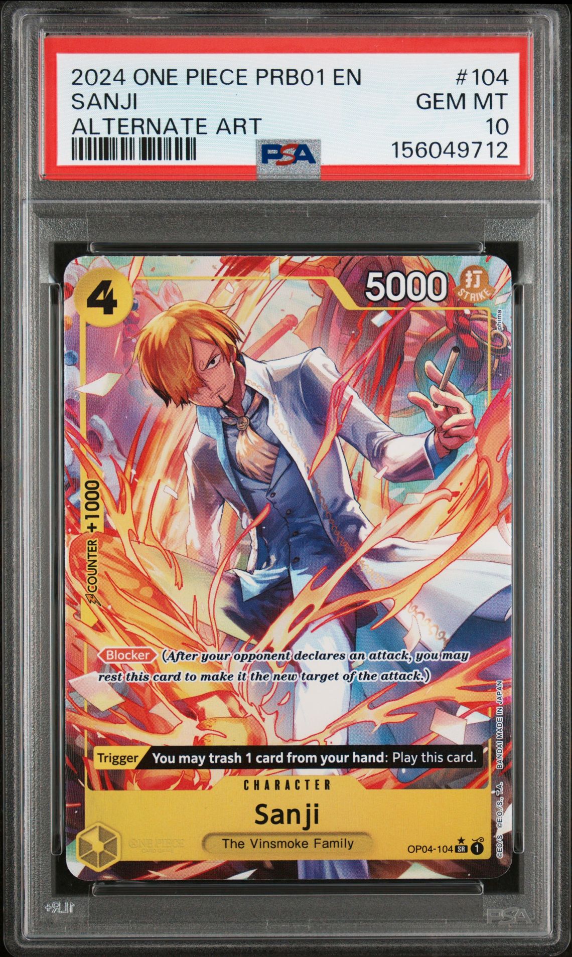 2024 One Piece Prb01-Premium Booster -One Piece Card The Best- Sanji #104 (Alternate Art) Gem Mt 10 front view - PSA graded GEM MT 10