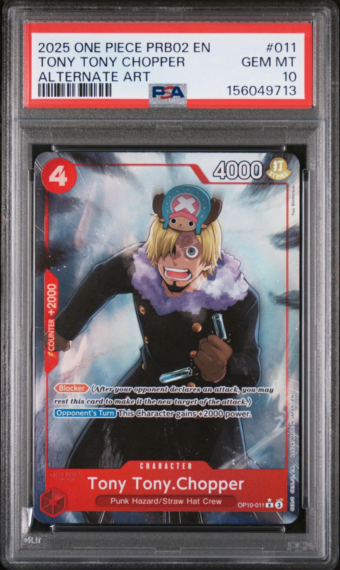 2025 One Piece Prb02-Premium Booster -One Piece Card The Best- Vol.2 Tony Tony Chopper #011 (Alternate Art) Gem Mt 10 front view - PSA graded GEM MT 10