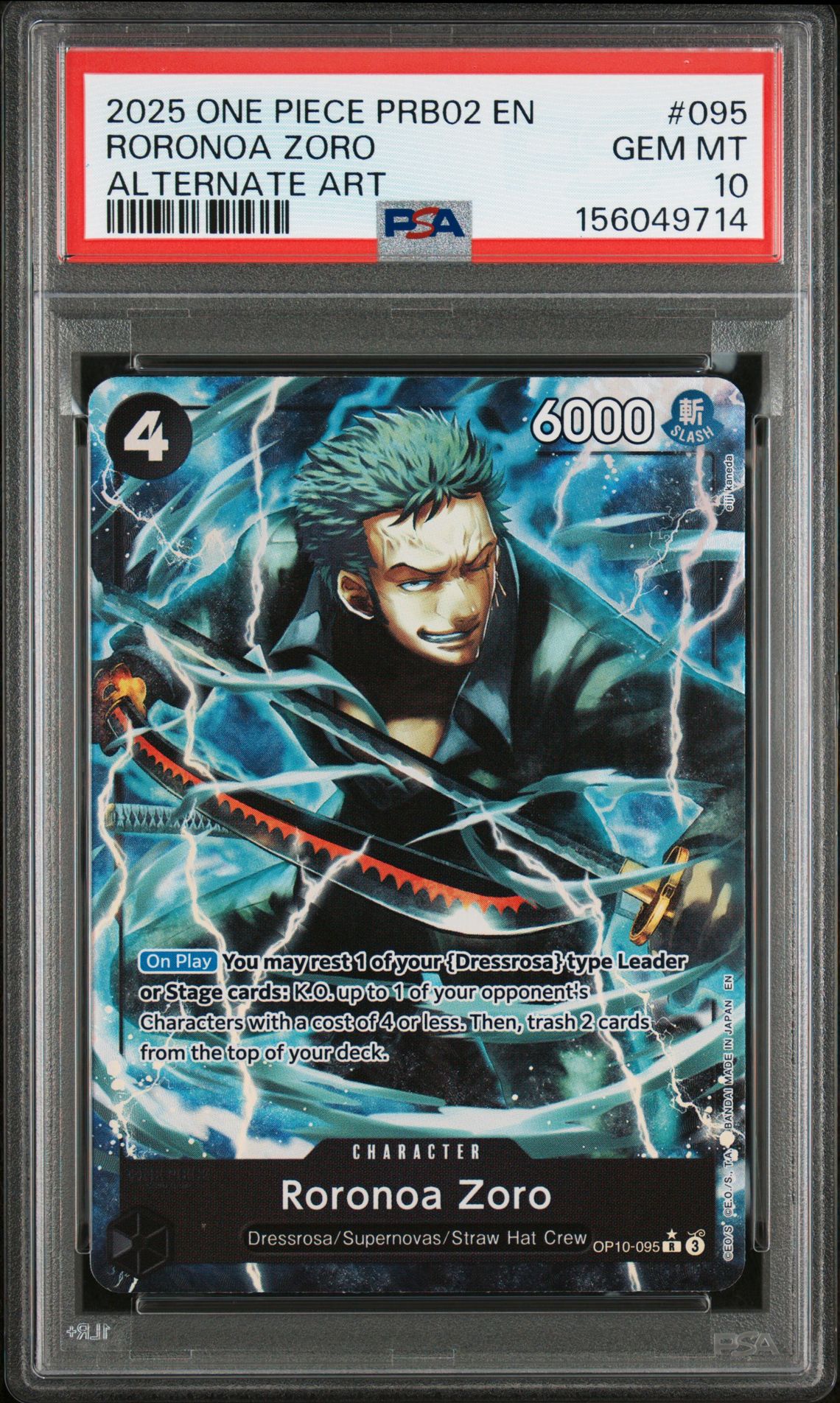 2025 One Piece Prb02-Premium Booster -One Piece Card The Best- Vol.2 Roronoa Zoro #095 (Alternate Art) Gem Mt 10 front view - PSA graded GEM MT 10