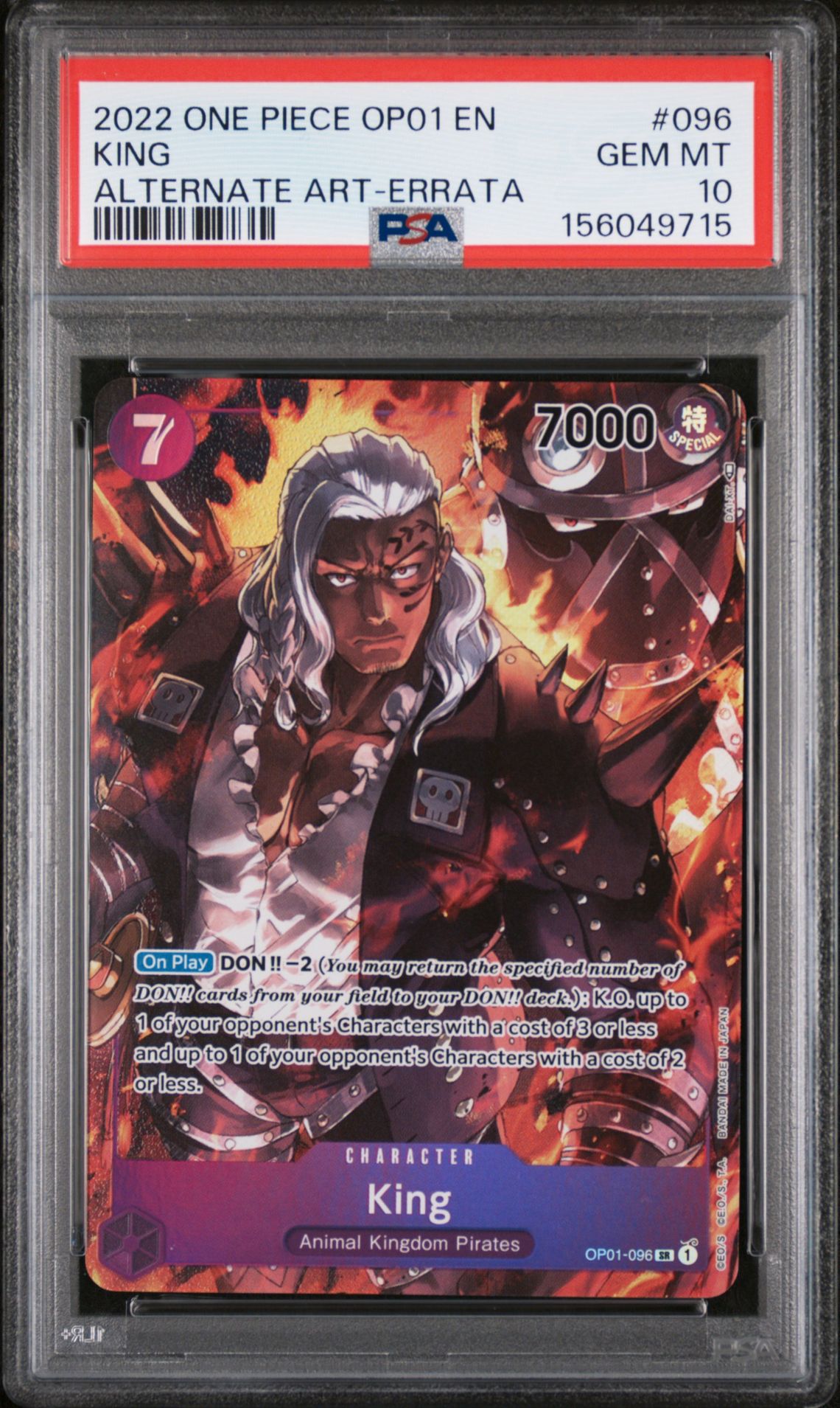 2022 One Piece Op01-Romance Dawn King #096 (Alternate Art-Errata) Gem Mt 10 front view - PSA graded GEM MT 10