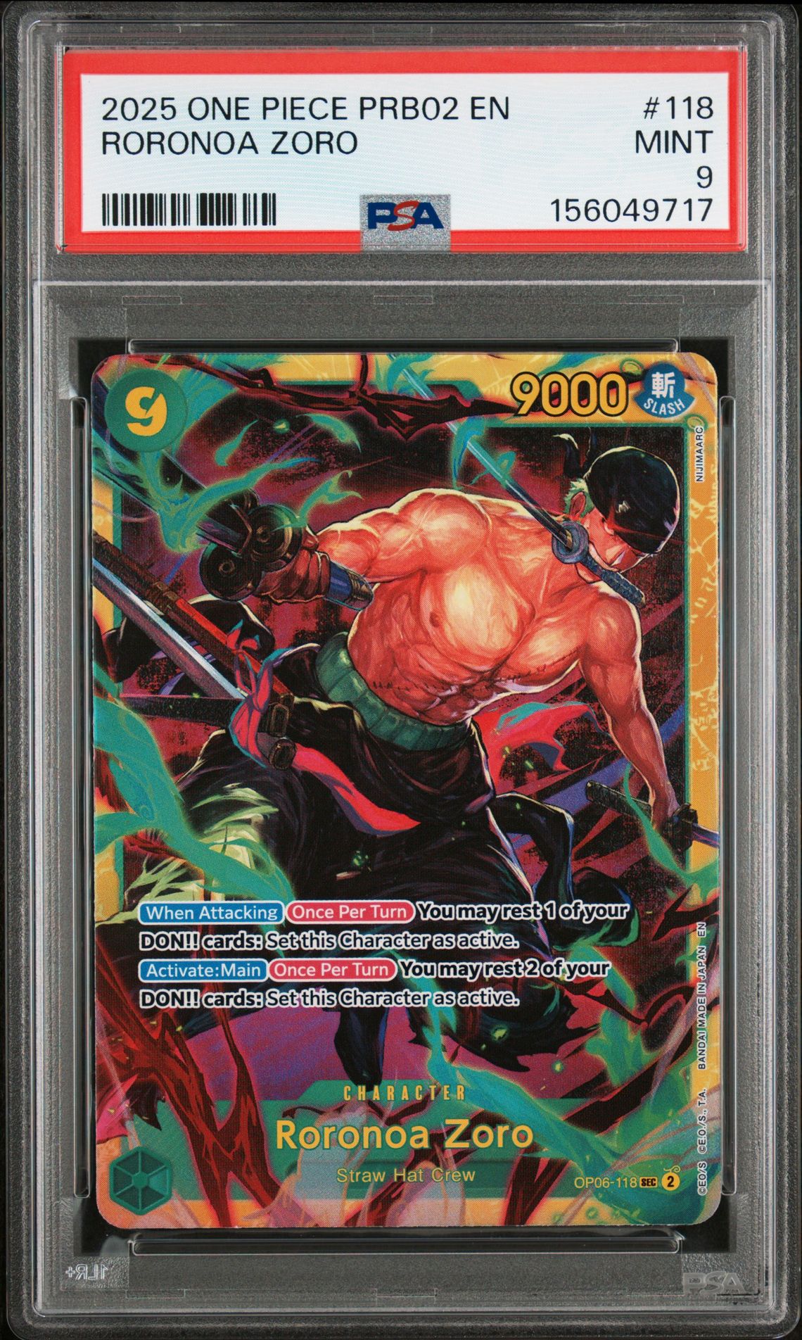 2025 One Piece Prb02-Premium Booster -One Piece Card The Best- Vol.2 Roronoa Zoro #118 Mint 9 front
