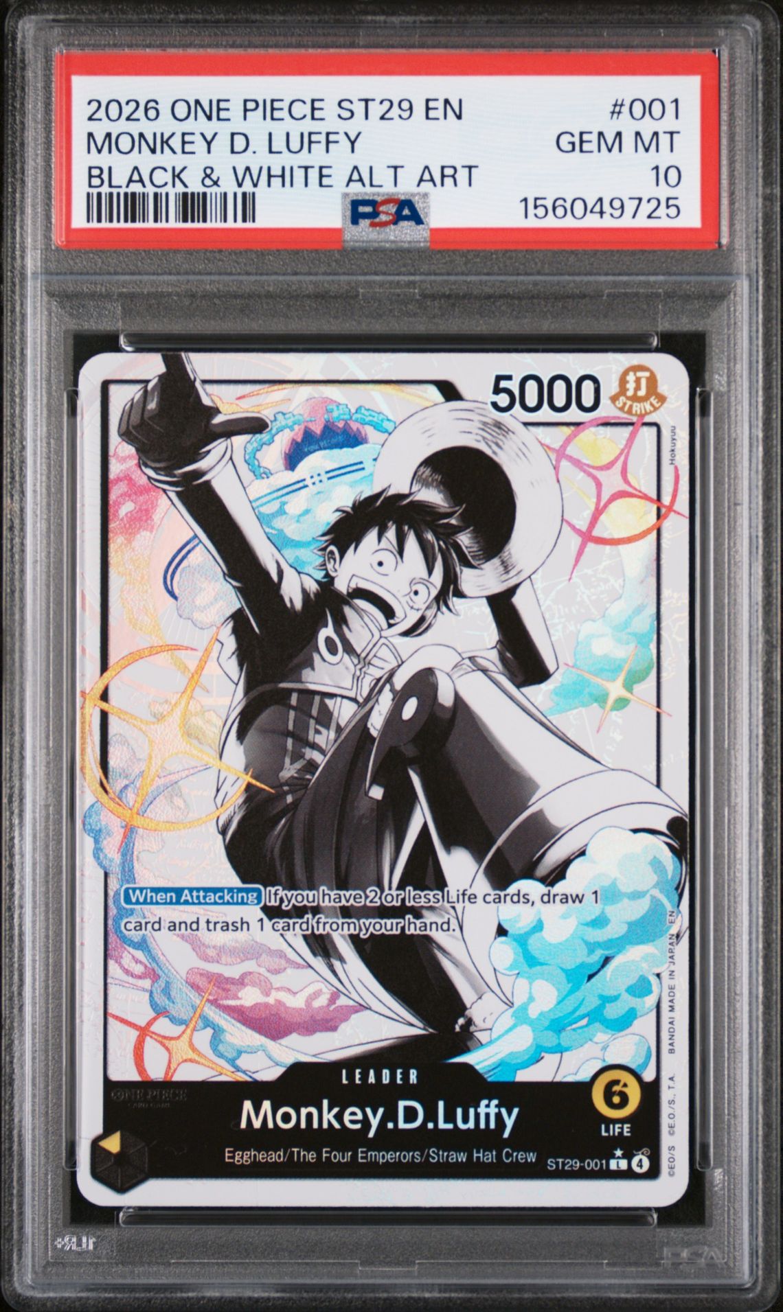 2026 One Piece Starter Deck St29-Egghead Monkey D. Luffy #001 (Black & White Alt Art) Gem Mt 10 front view - PSA graded GEM MT 10